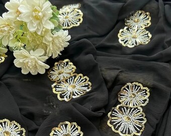 Handmade Chiffon Saree, Heavy Sitara Embellishment, Indian Wedding Wear