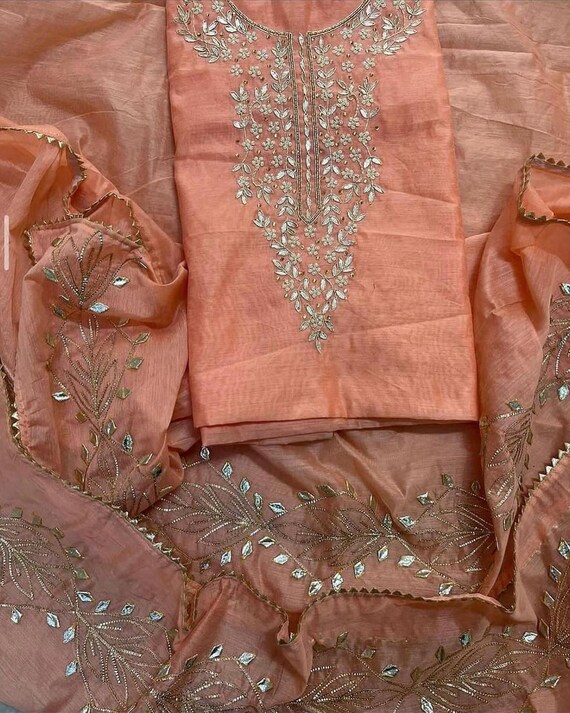 Chanderi Salwar Kameez with Floral Embroidery, Indian Suit for Women, Pakistani Salwar Suit with Dupatta, Ready to Wear Ethnic Party Outfit
