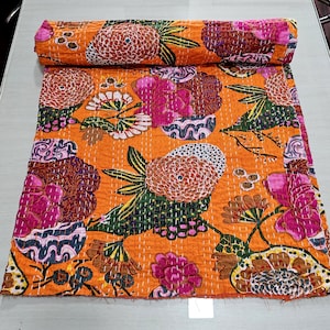 Indian Cotton Quilted Blanket Handmade Bedspread Kantha Work Bohemian Bed cover Throw Blanket Boho Quilt Chic Bedding Coverlets