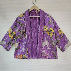 Indian Cotton Handmade Winter Jacket, Reversible Open Floral Jackets, Bohemian Style Jacket, Unisex Short Quilted Kantha Jacket