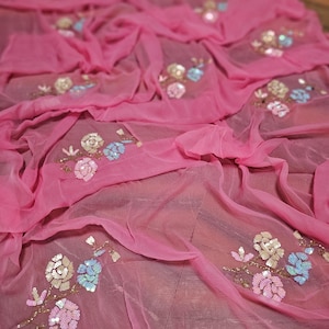 Handmade Pure Chiffon Saree for Wedding, Pink Chiffon Saree, Indian Traditional Wear Sari, Partywear Saree, Designer Saree, Floral Sari