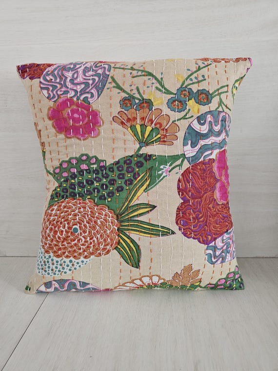 Indian Hand Stitch Hand Kantha Boho Pillow Cover Decorative - Main Image