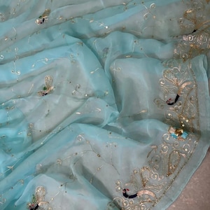 Handmade Pure Chiffon Saree for Wedding, Chiffon Saree, Indian Traditional Wear Sari, Partywear Saree, Designer Heavy Work Floral Sari Saree