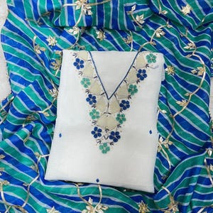 Chanderi Kurti Pant Dupatta Set, indisches ethnisches Kleid, traditionelle indische Zardozi-Arbeit Salwar Kameez Punjabi Anzug für Hochzeits- & Partykleidung