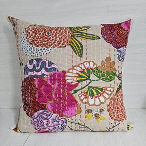 Indian Hand Stitched Kantha Boho Pillow Cover, Cotton Cushion for Home Decor, Handmade Throw Pillow, Vintage Bohemian Accent Gift