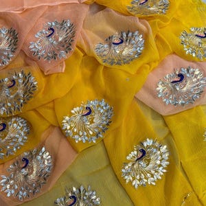 Indian Handmade Beautiful Peacock Design Diamond Chiffon Saree for Women&#39;s, Yellow Chiffon Saree, Wedding wear Designer Saree for Women