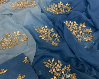 Handmade Diamond Chiffon Saree, Indian Wedding Party Wear