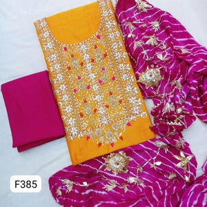 Hand Embroidered Indian Salwar Kameez, Bridal Yellow Chanderi Beautiful Gota Patti & Zardozi Work Salwar Kameez Leheriya Dupatta Custom Size