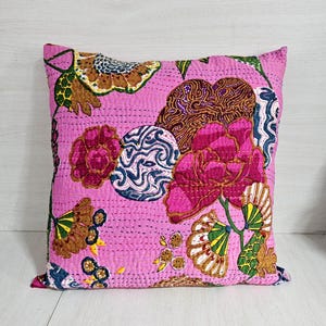 Indian Hand Stitched Kantha Boho Pillow Cover – Vintage Cotton Cushion, Handmade Throw Pillow, Bohemian Home Decor Accent, Gift for Her
