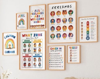 May include: A set of colorful posters for a classroom or playroom. The posters feature different themes related to feelings and emotions, including a calming corner, a what zone, and a check-in with yourself section. The posters are printed on white paper with colorful illustrations and text.