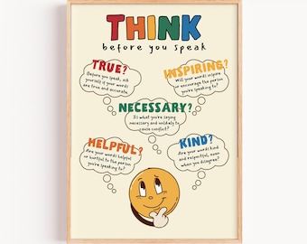 THINK Before You Speak Sign, Classroom Decor Poster, Think Acronym, Social Emotional Learning, School Counselling, Self Regulation