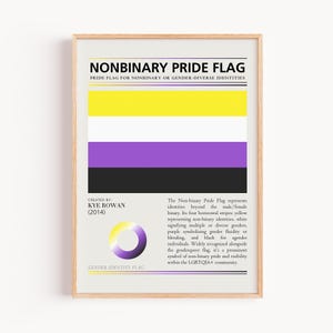 May include: A framed print of the Nonbinary Pride Flag, with yellow, white, purple, and black horizontal stripes. The text "NONBINARY PRIDE FLAG" is at the top. The bottom left corner has the text "GENDER IDENTITY FLAG".