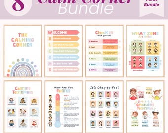 May include: An 8-piece Calm Corner Bundle with educational posters. The posters feature calming techniques, feeling charts, and grounding exercises. The bundle includes a rainbow design and the text "The Calming Corner".