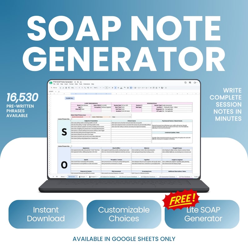 SOAP Notiz-Generator Google Sheets | Notizen zur Therapie-Sitzung | Therapeut Ratgeber Sozialarbeiter Psychologin | Klinisches Dokumenten-Tool Bild 1