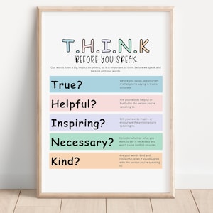 THINK Poster, Denken Sie nach, bevor Sie sprechen, Poster, Klassenzimmer Poster Elementar, Stop And Think, Calm Corner Prints, Lerndrucke