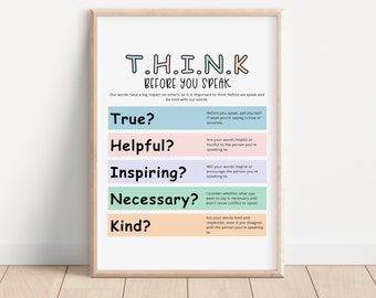 THINK Poster, Think Before You Speak Poster, Classroom Posters Elementary, Stop And Think, Calm Corner Prints, Educational Printables