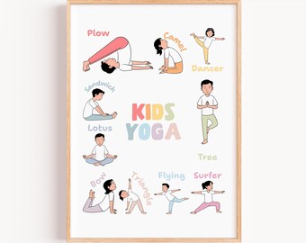 Kids Yoga Poses Poster, Calm Corner Posters Pastel, Kids Yoga Stretches, Calm Corner Posters, Calming Techniques, Kids Movement Activity