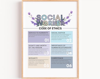 Social Worker Code Of Ethics, Social Work Values Poster, Social Work Office Decor, Social Work Ethics Poster, Social Work Grad Gift