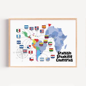 May include: A framed print showing a world map with flags of Spanish-speaking nations. The map focuses on Central and South America, with the text "Spanish Speaking Countries" in black.