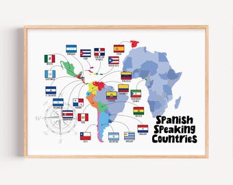 May include: A framed print featuring a map of the world with flags representing Spanish-speaking countries. The map highlights countries in Central and South America, with the text "Spanish Speaking Countries" in black.