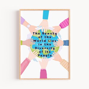 Può includere: Una stampa incorniciata con un globo circondato da mani di diverse tonalità di pelle. Il testo sul globo recita: "The Beauty of the World Lies in the Diversity of its People". L'opera d'arte ha una cornice in legno chiaro su sfondo bianco.