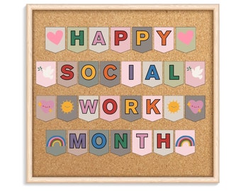 Op de afbeelding: Een kurkbord met een kleurrijk spandoek met de tekst "Happy Social Work Month". Het spandoek is gemaakt van individuele vlaggetjes in verschillende kleuren en ontwerpen, waaronder harten, zonnen, regenbogen en duiven.