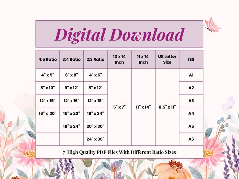 May include: A digital download chart with various print sizes, including 4x5 inches, 8x10 inches, and 12x15 inches, is displayed. The chart also lists sizes in inches such as 10x14 and 11x14. The text "Digital Download" is at the top.