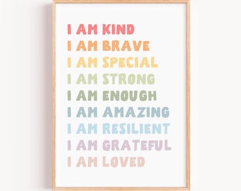 I Am Kind Poster, I Am Enoughaffirmations, Kids Affirmation Wall Art Printable, Rainbow Kids Decor Girls Bedroom Decor Nursery Wall Art