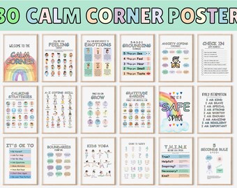 Affiches pour un coin calme, Imprimables pour un coin apaisant, Affiches d'affirmation pour enfants, Affiche sur les techniques et les émotions apaisantes, Kit de décoration pour la classe