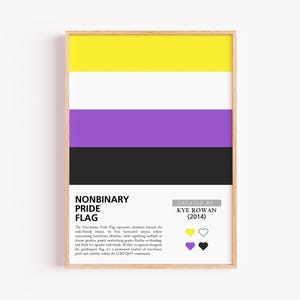 Op de afbeelding: Ingelijste print van de Non-binaire Pride Flag, met gele, witte, paarse en zwarte horizontale strepen. De print bevat de tekst "NONBINARY PRIDE FLAG" en de naam van de maker, Kye Rowan (2014).