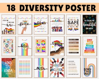 Puede incluir: Una colección de 18 carteles enmarcados con mensajes de diversidad, inclusión y amor. Cada cartel presenta diseños coloridos y afirmaciones positivas, incluyendo frases como "Todos son bienvenidos aquí" y "Tú perteneces".