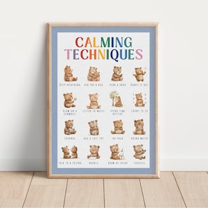 Impresión de técnicas calmantes, Rincón calmante del oso, Técnicas de calma. Cartel de salud mental, cartel Montessori, imprimible