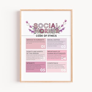 Może przedstawiać: Oprawiony wydruk z napisem "SOCIAL WORKER CODE OF ETHICS". Wydruk zawiera sześć zasad etycznych w różowych polach, w tym służbę ludzkości i sprawiedliwość społeczną. Lawendowe akcenty kwiatowe zdobią górę.