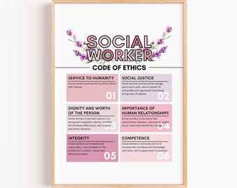 Social Worker Code Of Ethics, Social Work Values Poster, Social Work Office Decor, Social Work Ethics Poster, Social Work Grad Gift