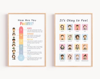 Puede incluir: Dos impresiones artísticas enmarcadas. Una titulada "How Are You Feeling?" con una escala de emociones. La otra, "It's Okay to Feel", muestra varios sentimientos con personajes ilustrados. Ambas tienen marcos de madera.