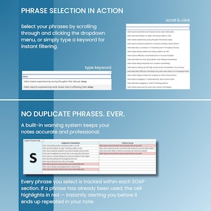 K&ouml;nnte beinhalten: Eine digitale Benutzeroberfl&auml;che mit PHRASE SELECTION IN ACTION und einem Dropdown-Men&uuml; zum Filtern klinischer Phrasen. Darunter zeigt NO DUPLICATE PHRASES. EVER. eine Tabelle mit rot markierten Zeilen zur Kennzeichnung wiederholter Eintr&auml;ge.