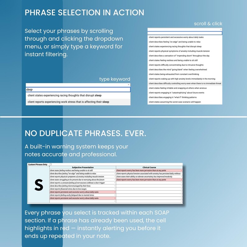 K&ouml;nnte beinhalten: Eine digitale Benutzeroberfl&auml;che mit PHRASE SELECTION IN ACTION und einem Dropdown-Men&uuml; zum Filtern klinischer Phrasen. Darunter zeigt NO DUPLICATE PHRASES. EVER. eine Tabelle mit rot markierten Zeilen zur Kennzeichnung wiederholter Eintr&auml;ge.