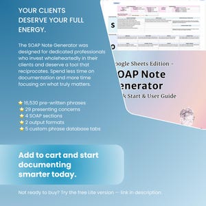 K&ouml;nnte beinhalten: Ein digitaler SOAP-Notiz-Generator f&uuml;r Google Sheets mit Benutzerhandbuch, 16.530 vorgefertigten Phrasen, 29 Anliegen, 4 SOAP-Abschnitten, 2 Ausgabeformaten und 5 benutzerdefinierten Datenbank-Tabs auf einem blauen Hintergrund.
