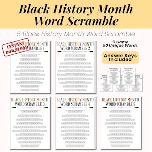 Black History Game, Black History Worksheet, Black History Leaders, Civil Rights Prints, Word Scramble Puzzle, Kids Family Game Trivia