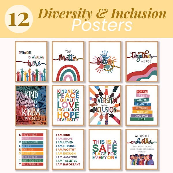Conjunto de 12 pôsteres sobre Diversidade e Inclusão, Decoração para o consultório do orientador escolar, Pôster Inclusivo, Pôster sobre Diversidade para a Sala de Aula, A Inclusão Importa