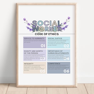Social Worker Code Of Ethics, Social Work Values Poster, Social Work Office Decor, Social Work Ethics Poster, Social Work Grad Gift