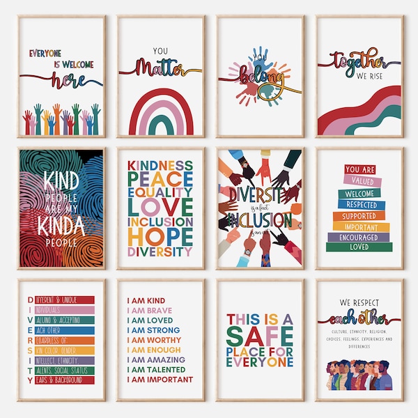 Foster Inclusion: Set of 12 Diversity and Inclusion Digital Posters, School Counselor Office Decor, Inclusive Poster, Diversity Classroom