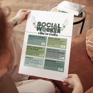 Puede incluir: Una persona sostiene un papel blanco titulado "Código de ética del trabajador social". El papel tiene un diseño verde y negro con texto y números. Las secciones incluyen "Servicio a la humanidad" y "Justicia social".