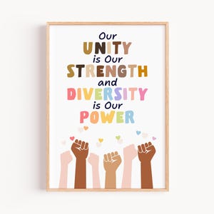 May include: A framed print with the words "Our Unity is Our Strength and Diversity is Our Power" in colorful text. The image includes raised fists in various skin tones and small heart shapes.
