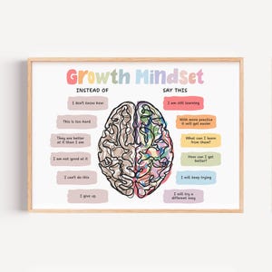 May include: A framed print with the words "Growth Mindset" in colorful letters. The image features a brain illustration divided into two halves, with text boxes offering alternative phrases for a positive mindset.