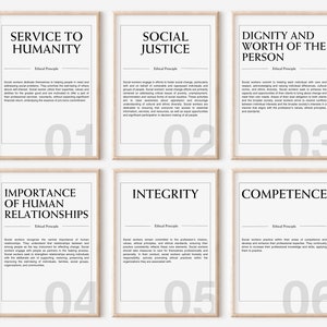 May include: Six framed prints with text on a white background. The prints feature ethical principles such as "Service to Humanity" and "Social Justice." Each print has a title, descriptive text, and a number from 01 to 06.