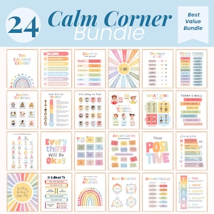 Calm Corner Bundle, Therapy Office Decor, Psychologist Resources, Social Emotional Learning, Self Regulation Mindfulness Tool Feelings Chart