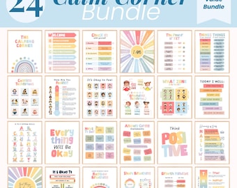 May include: A collection of 24 Calm Corner Bundle posters with various themes, including "The Calming Corner," "Welcome," and "How Are You Feeling?" The posters feature colorful designs and text, promoting positive thinking and emotional well-being.