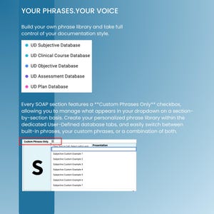 K&ouml;nnte beinhalten: Eine digitale Benutzeroberfl&auml;che mit dem Titel YOUR PHRASES.YOUR VOICE. Sie listet f&uuml;nf Datenbanken auf: UD Subjective, Clinical Course, Objective, Assessment und Plan. Darunter zeigt ein Dropdown-Men&uuml; Custom Phrases Only mit sieben Beispielen.