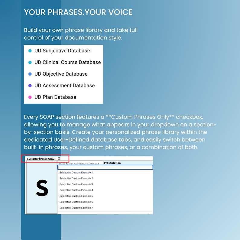 K&ouml;nnte beinhalten: Eine digitale Benutzeroberfl&auml;che mit dem Titel YOUR PHRASES.YOUR VOICE. Sie listet f&uuml;nf Datenbanken auf: UD Subjective, Clinical Course, Objective, Assessment und Plan. Darunter zeigt ein Dropdown-Men&uuml; Custom Phrases Only mit sieben Beispielen.